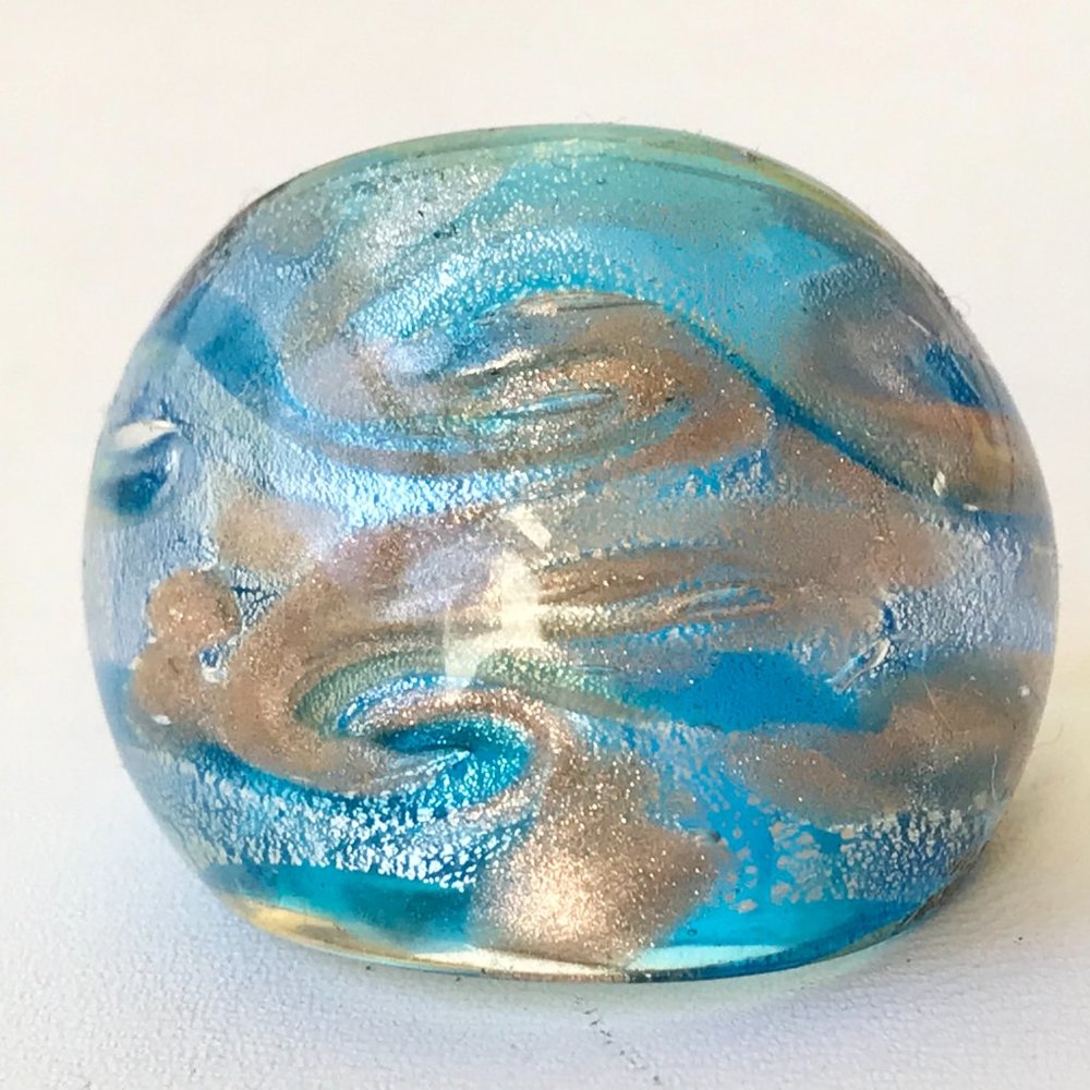 Vintage Murano Style Art Glass Dome Cocktail Ring Size 7 Aqua Blue Metallic